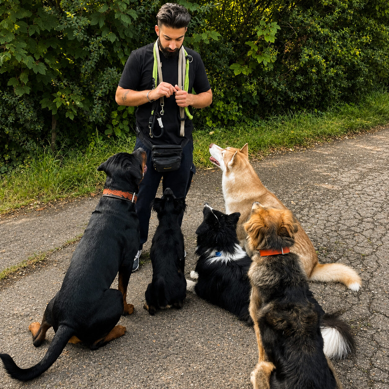 Hundetrainer Timur mit fünf aufmerksam sitzenden Hunden beim Training im Raum Stuttgart