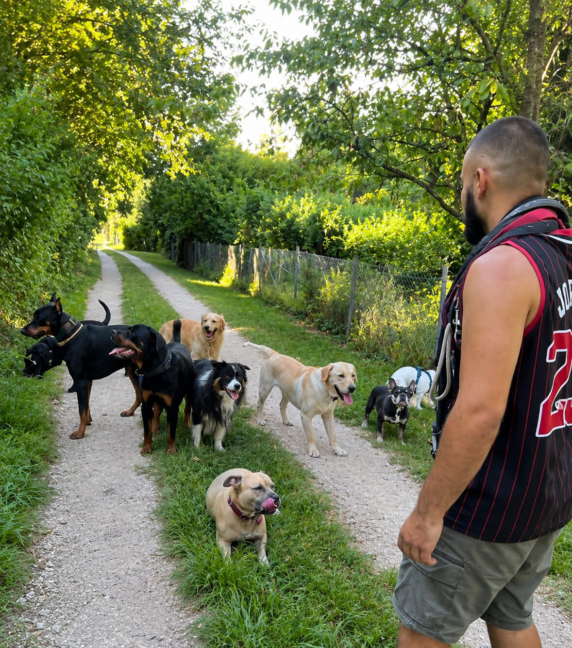 Hundetrainer Timur mit einem großen Rudel Hunden auf einem Feldweg im Raum Stuttgart